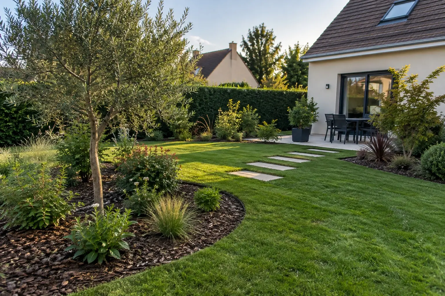 Jardin aménagé avec massif paillé et pas japonais